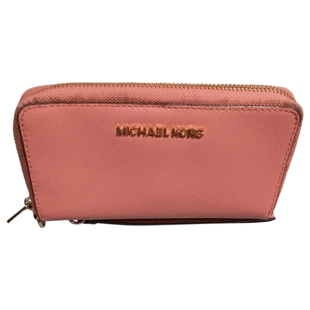 Michael Kors Jet Wallet Womens Mauve Leather Zip-Around Credit Card Solid Logo